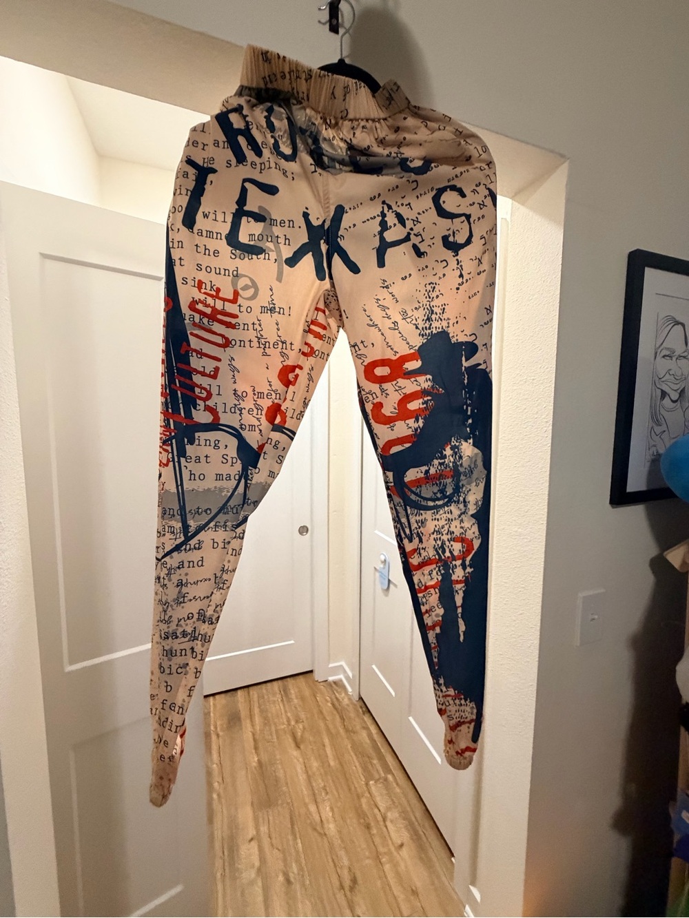 Lucky & Blessed Beige Leggings with Navy and Red Graphic Print